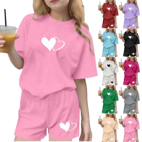 BXSRUTA Girls 3-15 Years 2 Piece Outfit Set Round Neck Short Sleeve T Shirt and Shorts Soft Breathable Casual Summer Wear Matching Set