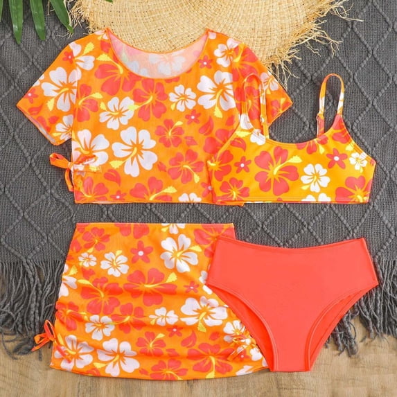 BXSRUTA Girls 4 Piece Printed Swimsuit Set Quick Dry Tankini Kids Bathing Suits Summer Beach Outfits for Teen Girls