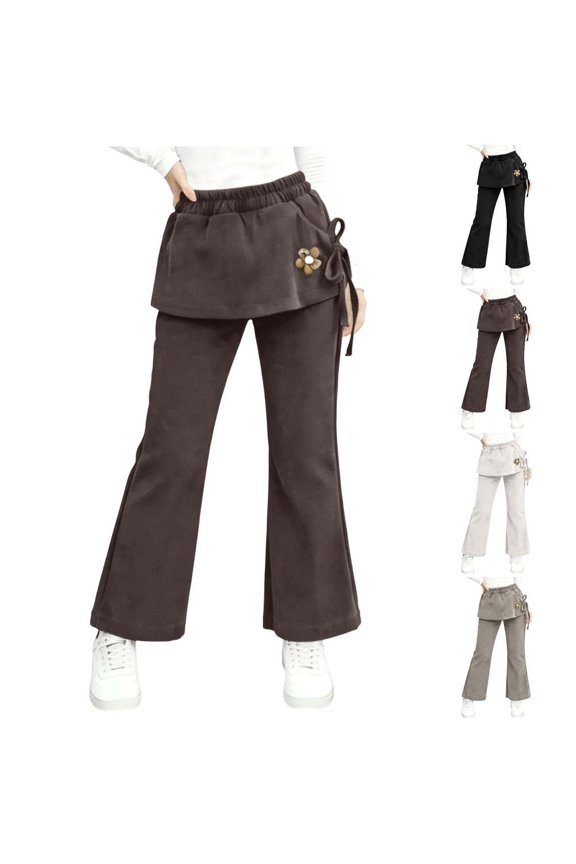 Girls Boys 2-in-1 Flare Pants with Elastic Waistband Cotton Casual Pull on Pants for Toddler Kids 2 Pack