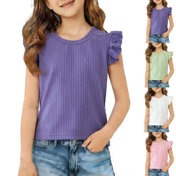 BXSRUTA Girls Casual Short Sleeve T Shirts Solid Color Fly Sleeve Soft Stretchy Tee Top Everyday Wear Size 0-12 Years