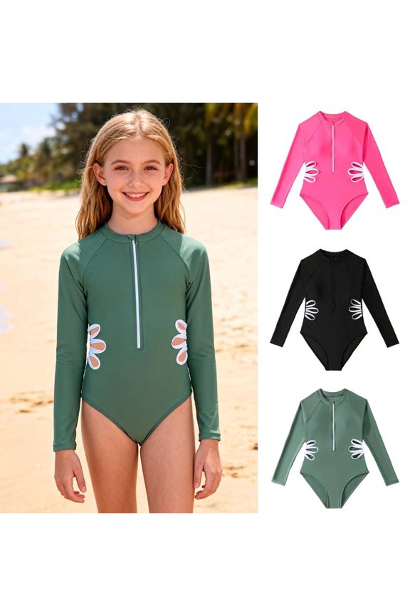 Girls Long Sleeve Solid Color Hollow Out Flower One Piece Swimsuit Full Coverage Nylon Swimwear for Beach Vacation Sun Protection Bathing Suit