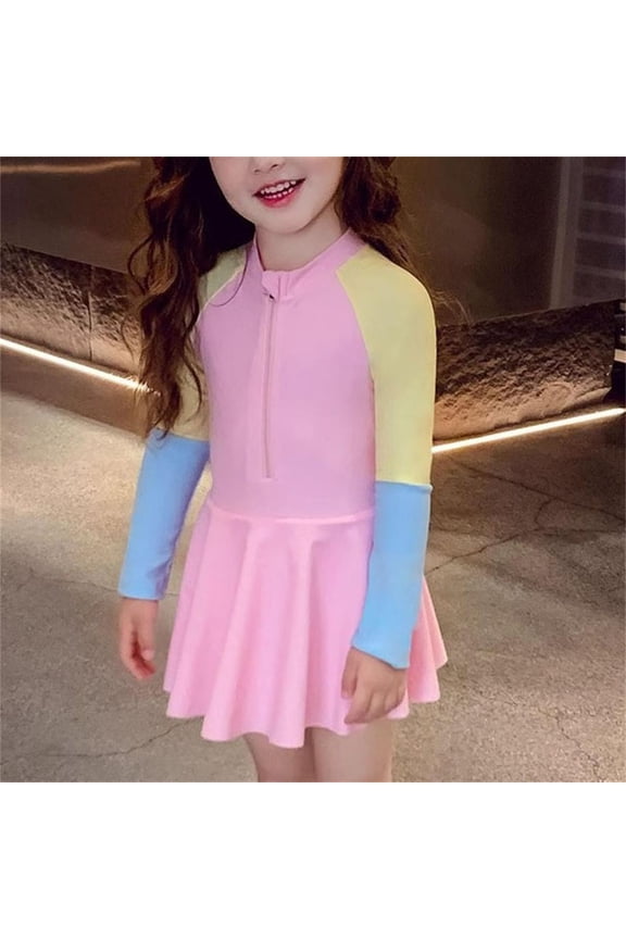 Girls Long Sleeve Swimsuits One Piece Rashguard Skirt Set Sun Protection Bathing Suit for Kids Teen Girls