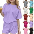 thumbnail image 1 of BXSRUTA Kids 2 Piece Short Sleeve T-Shirt and Shorts Set Soft Breathable Cotton Like Casual Lounge Summer Outfit for Girls Boys Ages 3-15 Years, 1 of 8