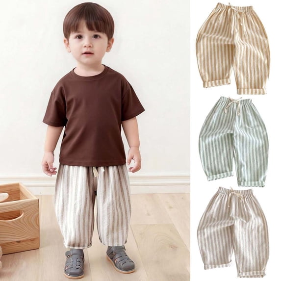 BXSRUTA Kids Cotton Linen Striped Pants Elastic Waist Casual Beach Bottoms for Baby Boys Girls Toddler Summer