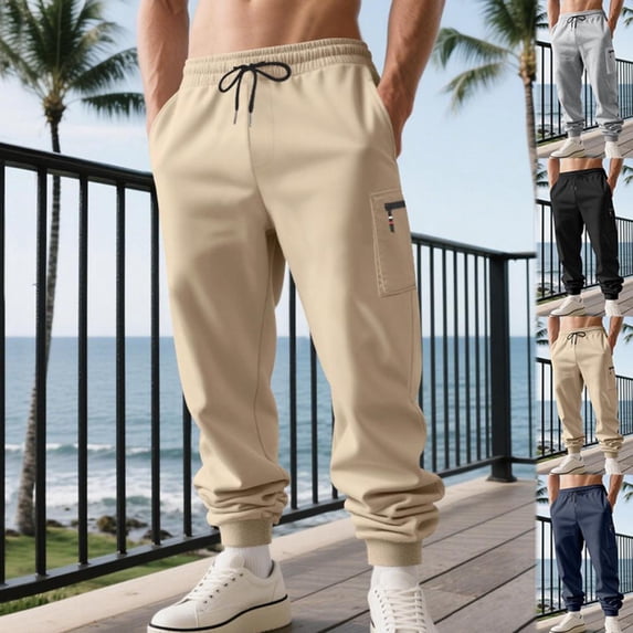BXSRUTA Men's Cargo Pants Elastic Waist Drawstring Soft Comfortable Relaxed Fit Straight Leg 6 Pocket Full Length Trousers