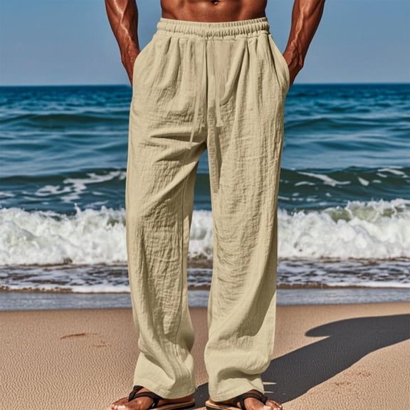 BXSRUTA Men's Casual Drawstring Pants Straight Leg Elastic Waist Trousers with Pockets Comfortable Lightweight Polyester Bottoms for Daily Wear