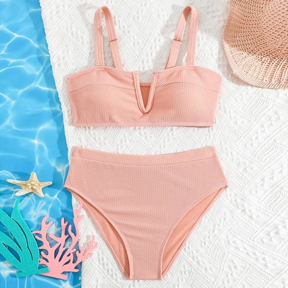 BXSRUTA Teen Girls Bikini Set with Chest Padding Ribbed Textured V-Neck Two Piece Swimsuit Adjustable Straps High Cut Bottoms Summer Beach Vacation Youth Swimwear Sizes 140-170