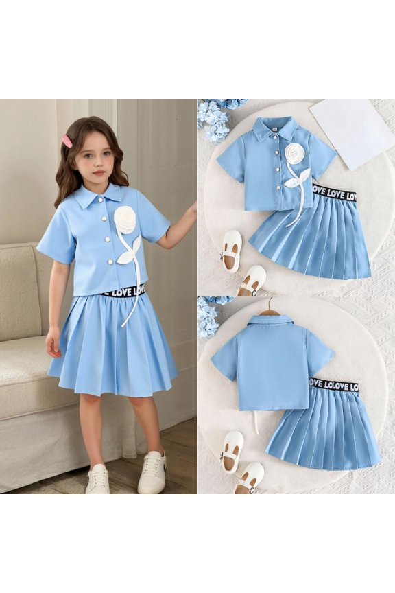 Toddler Girls Schoolgirl Style 2 Piece Outfit Set Summer Short Sleeve Top with Pleated Skirt Soft Breathable Casual Wear for Ages 2-7 Years