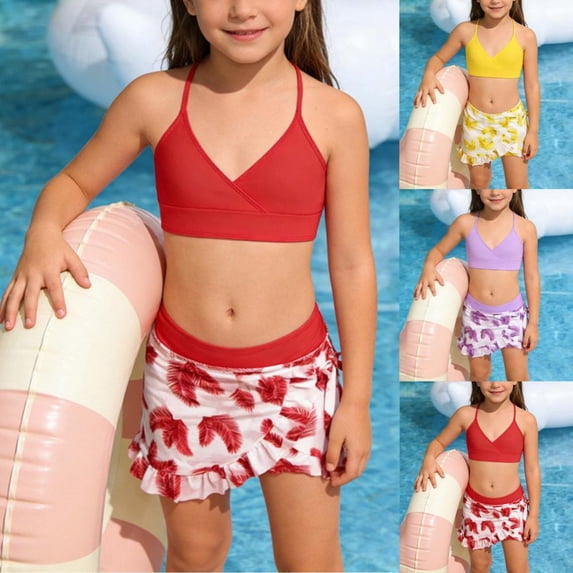 BXSRUTA Tween Girls 2 Piece Swimsuit Bikini Set Soft Stretchy Fabric UPF 50+ Sun Protection Two Piece Swimsuits for Teen Girls Split Belly Bathing Suit