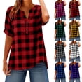 thumbnail image 1 of BXSRUTA Women's Casual Loose Fit V-Neck Short Sleeve Checkered Button Up Polyester Blouse, 1 of 7