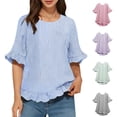 thumbnail image 1 of BXSRUTA Women's Casual Striped Back Button Short Sleeve Blouse with Ruffled Round Neck, 1 of 8