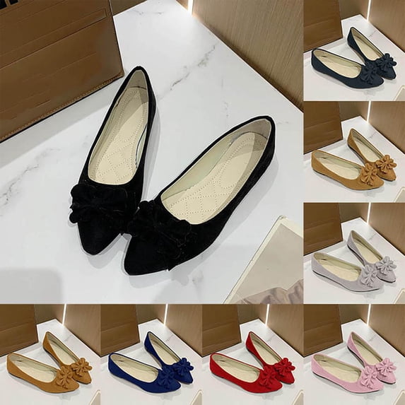 BXSRUTA Women's Extended Size Pointed Toe Work Flats with Bow, Soft Cloth Comfortable Shoes for All-Day Wear