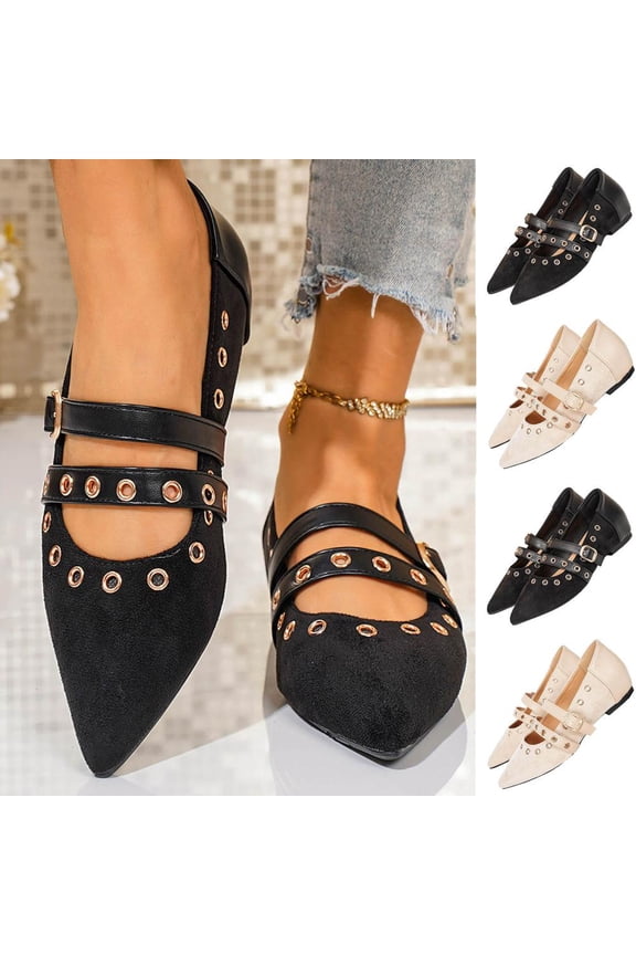 Women's Plus Size Lift Flats Double-Buckle Pointed Toe Casual British Style Faux Leather