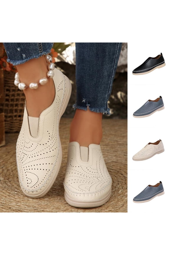 Women's Plus Size Slip-On Round Toe Flat Loafers Breathable Vegan Leather Casual Everyday Comfort Shoes with Cushioned Orthopedic Footbed and Non-Slip Outsole