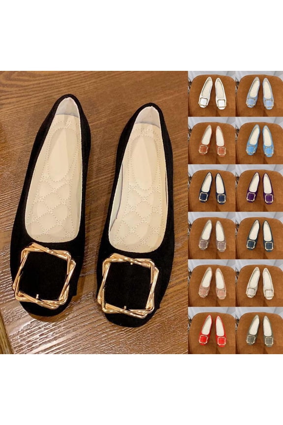 Women's Plus Size Work Flats with Metal Buckle Quilted Cushion Insole Soft Fabric Upper Slip on Round Toe Casual Shoes