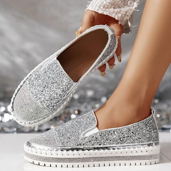 BXSRUTA Women's Rhinestone Embellished Slip on Loafers Round Toe Thick Comfort Casual Shoes