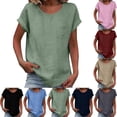 thumbnail image 1 of BXSRUTA Women's Round Neck Short Sleeve T-Shirt with Patch Pocket, Linen Blend, Breathable Soft, Casual Summer Top, 1 of 5