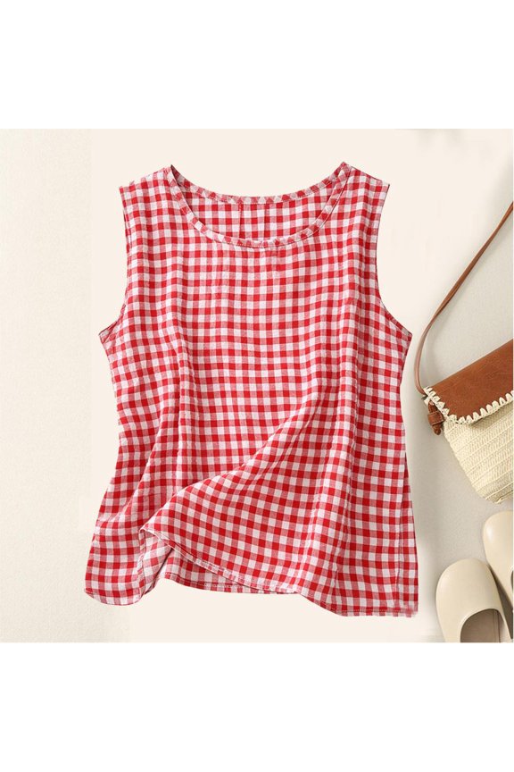 Women's Sleeveless Grid Tank Top Casual Summer Top Soft Comfortable Blouse