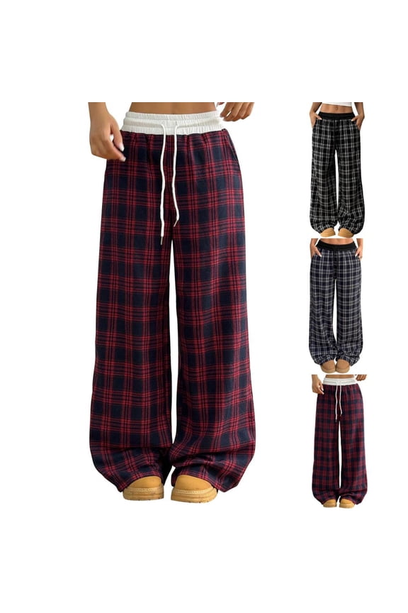 Women's Soft High Waisted Checkered Patchwork Pants with Buckle Detail