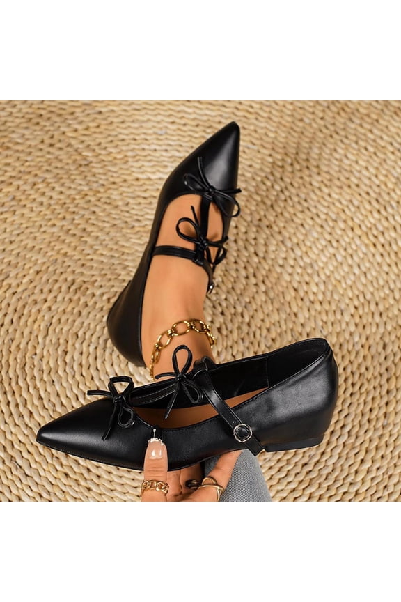 Womens Plus Size British Block Heels Pointed Toe Bowknot Ankle Strap Pumps Comfortable Inner Height Increasing Dress Shoes