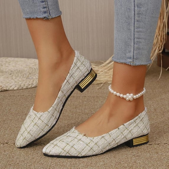 BXSRUTA Womens Plus Size Pointed Toe Low Heel Sandals - Comfortable Tweed Fabric Slip on Dress Shoes Spring Summer