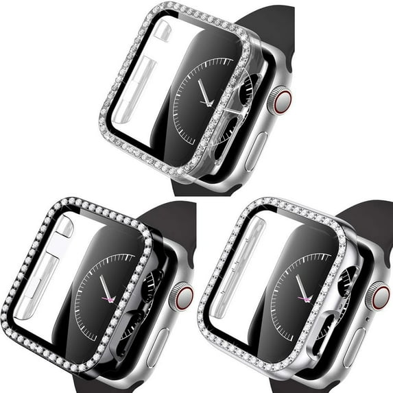 BXUXOHS (1/3Pack) Bling Cover for Apple Watch Case 38mm 40mm 41mm 42mm 44mm 45mm Women, Tempered Glass Screen Protector Diamonds Full Protective Bumper Accessories for iWtch Series 8 7 SE 6 5 4 3 2 1