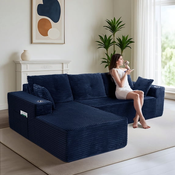BYBYME 104" Cloud Sectional Couch with L-Shape Chaise Modern Comfy Modular Plush Corduroy Sofa for Living Room,No Assembly Required,Left Facing Chaise,Green
