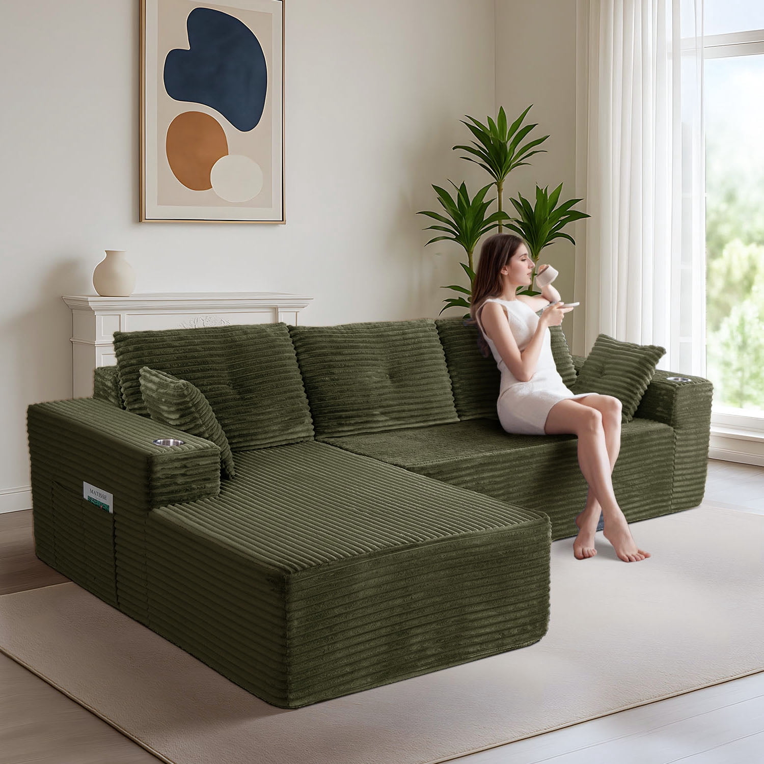 BYBYME 104" Cloud Sectional Couch with L-Shape Chaise Modern Comfy Modular Plush Corduroy Sofa for Living Room,No Assembly Required,Left Facing Chaise,Green