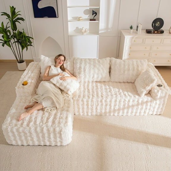 BYBYME 104" Cloud Sectional Couch with L-Shape Chaise Modern Soft Comfy Modular Plush Sofa for Living Room,No Assembly Required,Left Facing Chaise,Beige