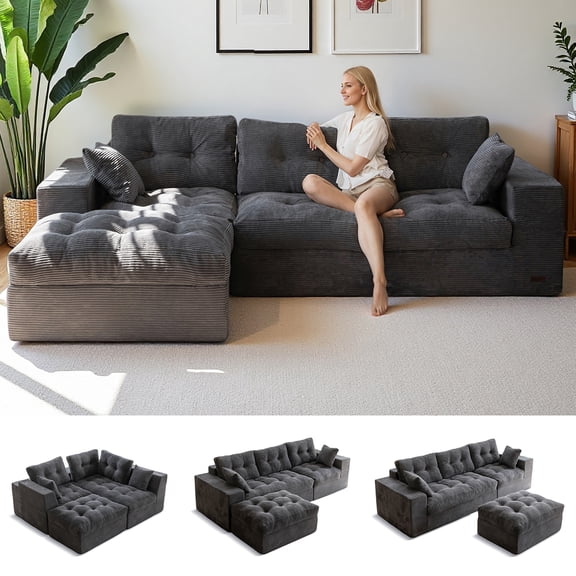 BYBYME 104" Cloud Sectional Couch with L-Shape Chaise Modern Soft Comfy Modular Plush Sofa for Living Room,No Assembly Required,Left Facing Chaise,Grey