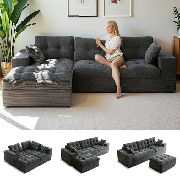 BYBYME 104" Cloud Sectional Couch with L-Shape Chaise Modern Soft Comfy Modular Plush Sofa for Living Room,No Assembly Required,Right Facing Chaise,Grey
