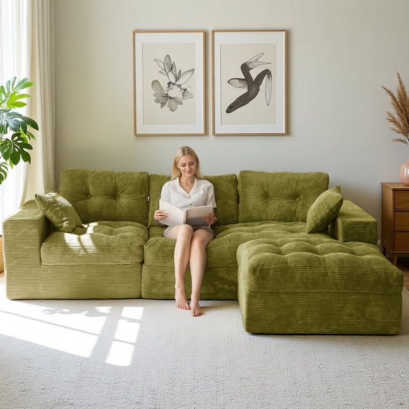 BYBYME 104"Modular Sectional Cloud Couch with Ottoman,Oversized L-Shaped Corduroy Sofa,Cloud Boneless Couch with Layered Cushion for Living Room,Green