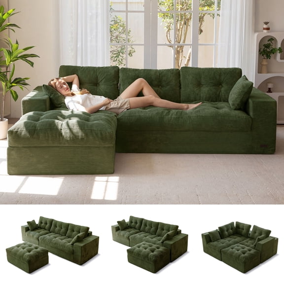 BYBYME 104"Oversized L-Shaped Sectional Sofa Cloud Boneless Modular Couch,Upholstered Sofa with Convertible Left/Right Ottoman for Living Room Bedroom,No Assembly,DGreen