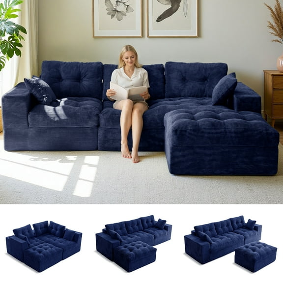 BYBYME 104"Oversized L-Shaped Sectional Sofa Cloud Boneless Modular Couch,Upholstered Sofa with Convertible Left/Right Ottoman for Living Room Bedroom,No Assembly,Navy