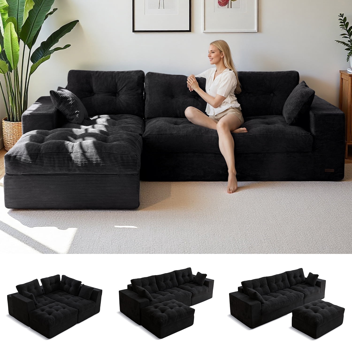 BYBYME 104"Oversized L-Shaped Sectional Sofa Cloud Boneless Modular Couch,Upholstered Sofa with Convertible Left/Right Ottoman for Living Room Bedroom,No Assembly,BLACK