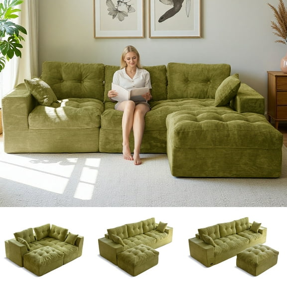 BYBYME 104"Oversized L-Shaped Sectional Sofa Cloud Boneless Modular Couch,Upholstered Sofa with Convertible Left/Right Ottoman for Living Room Bedroom,No Assembly,Green