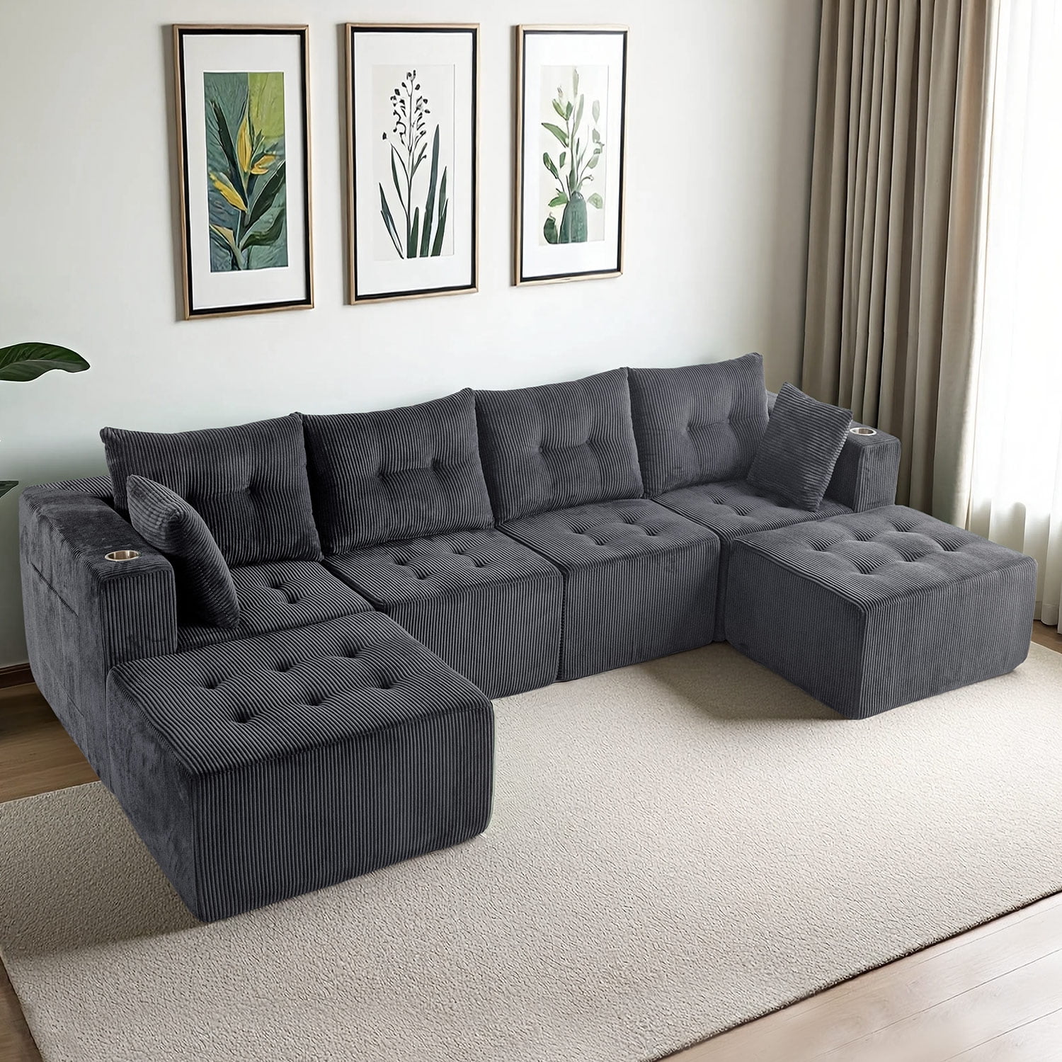 BYBYME 129"Oversized U Shaped Couch,6 Seat Sectional Corduroy Tufted Sofa,Upholstered Symmetrical Cloud Couch with Double Chaise,Wrap Around Sofa for Living Room Apartment Office,Sofa in A Box,Grey