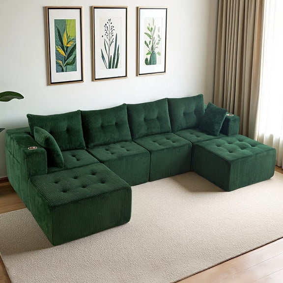 BYBYME 129"Oversized U Shaped Couch,6 Seat Sectional Corduroy Tufted Sofa,Upholstered Symmetrical Cloud Couch with Double Chaise,Wrap Around Sofa for Living Room Apartment Office,Sofa in A Box,Green
