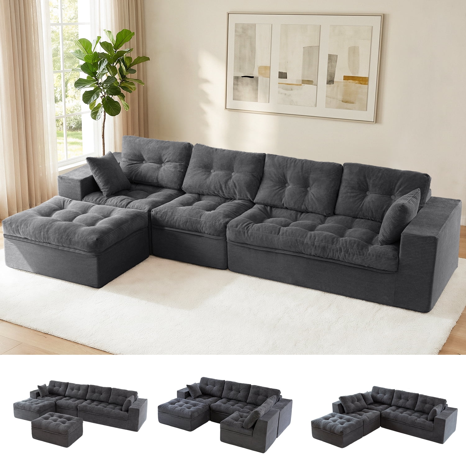 BYBYME 130"Oversized L-Shaped Sectional Sofa Cloud Boneless Modular Couch,Upholstered Sofa with Convertible Left/Right Ottoman for Living Room Bedroom,No Assembly,DGrey