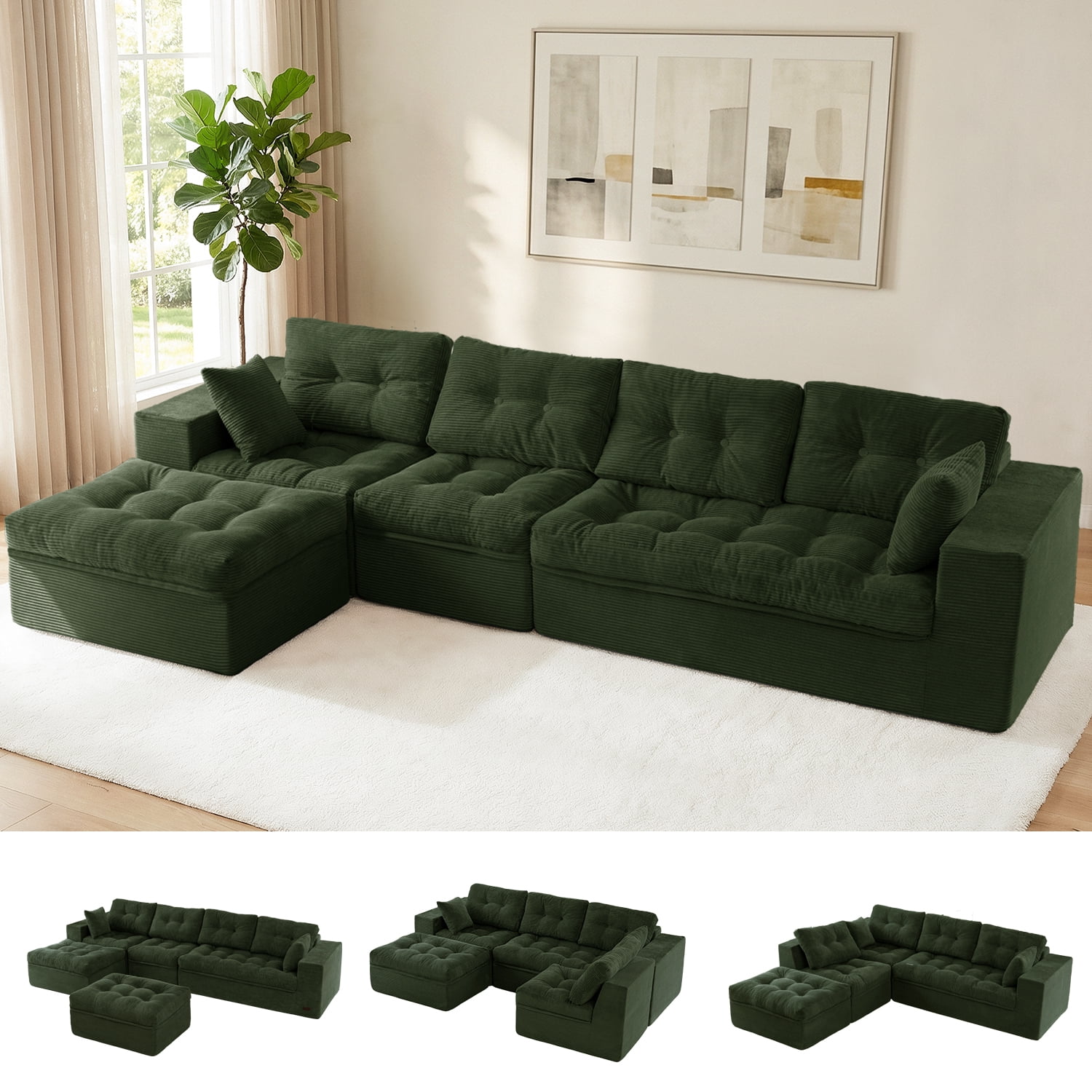 BYBYME 130"Oversized L-Shaped Sectional Sofa Cloud Boneless Modular Couch,Upholstered Sofa with Convertible Left/Right Ottoman for Living Room Bedroom,No Assembly,DGreen