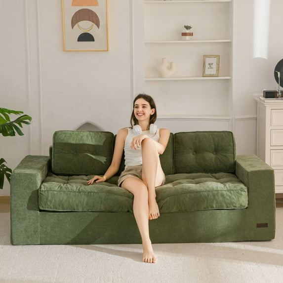 BYBYME 3 Seater Boneless Couch,Chenille Comfy Sofa with Extra Deep Seats for Living Room,Green