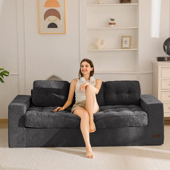 BYBYME 3 Seater Boneless Couch,Chenille Comfy Sofa with Extra Deep Seats for Living Room,Green