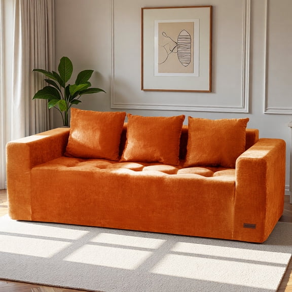 BYBYME 3 Seater Couch,Modern Comfy Modular Chenille Sofa with 3 Pillows for Living Room,Sofa in A Box,No Assembly Required,Orange