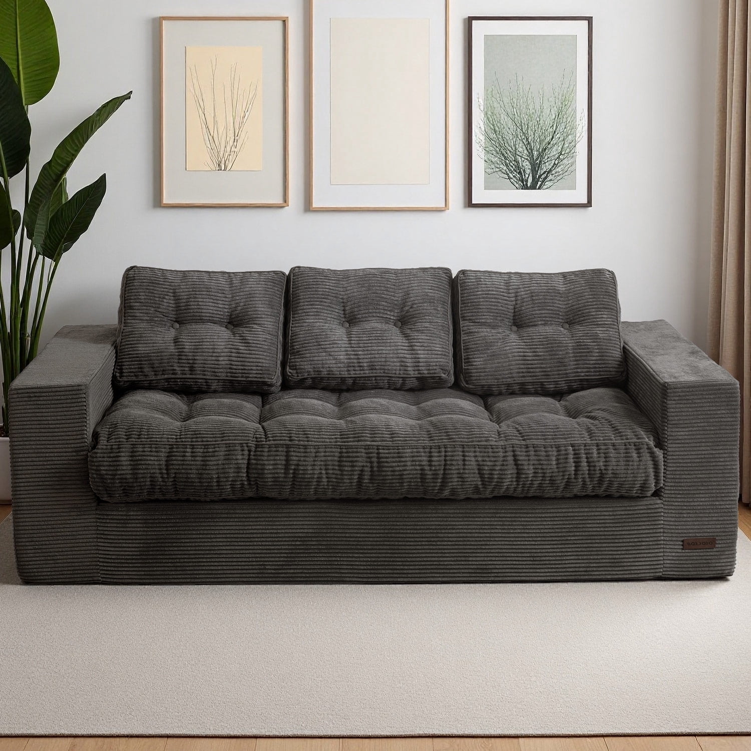 BYBYME 3 Seater Couch with Tufted Cushion & Backrest,Corduroy Floor Sofa with Armrests for Living Room Bedroom Office,Sofa in A Box,No Assembly Required,Dark Grey