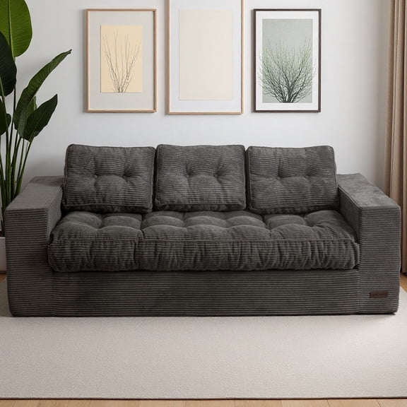 BYBYME 3 Seater Couch with Tufted Cushion & Backrest,Corduroy Floor Sofa with Armrests for Living Room Bedroom Office,Sofa in A Box,No Assembly Required,Dark Grey