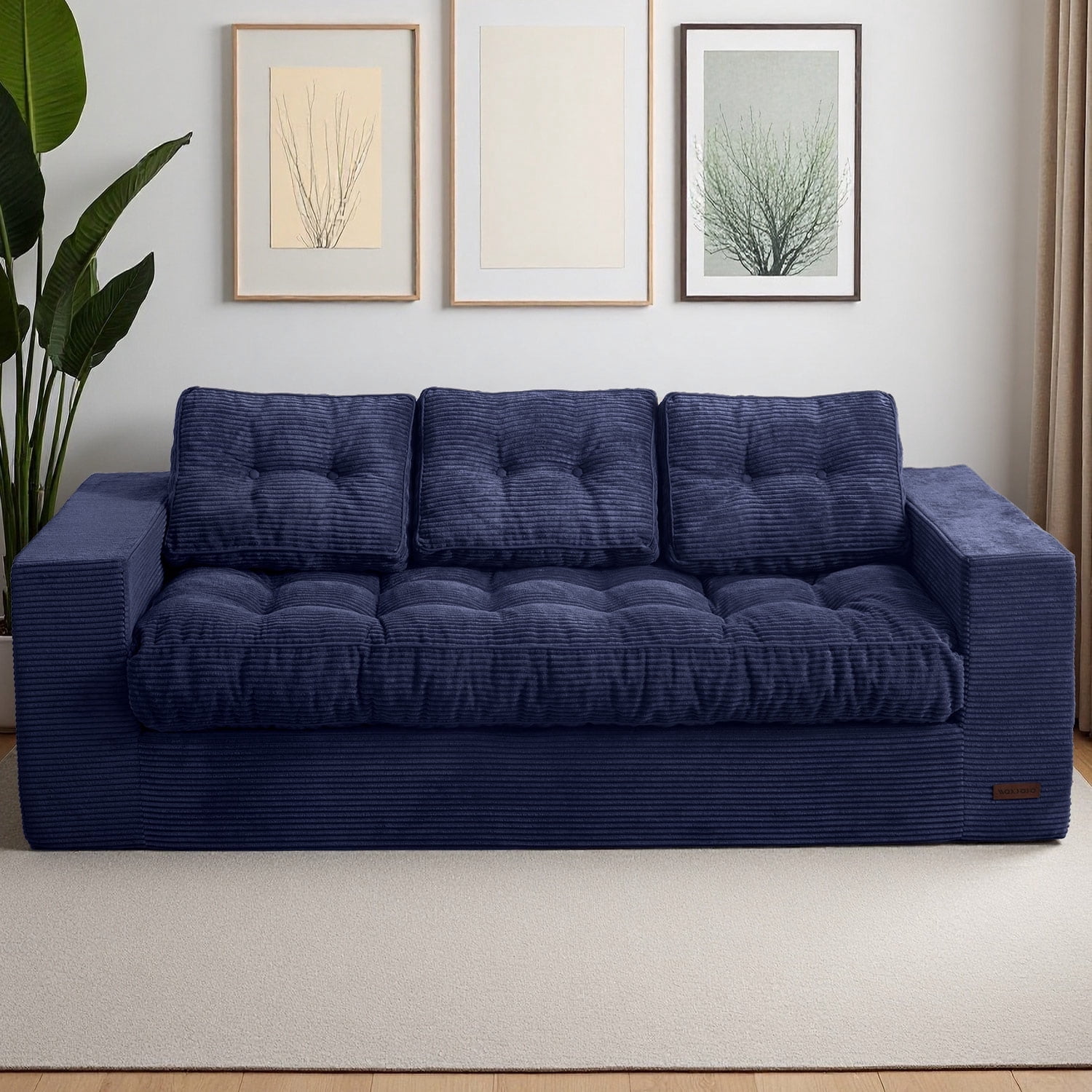 BYBYME 3 Seater Couch with Tufted Cushion & Backrest,Corduroy Floor Sofa with Armrests for Living Room Bedroom Office,Sofa in A Box,No Assembly Required,Navy