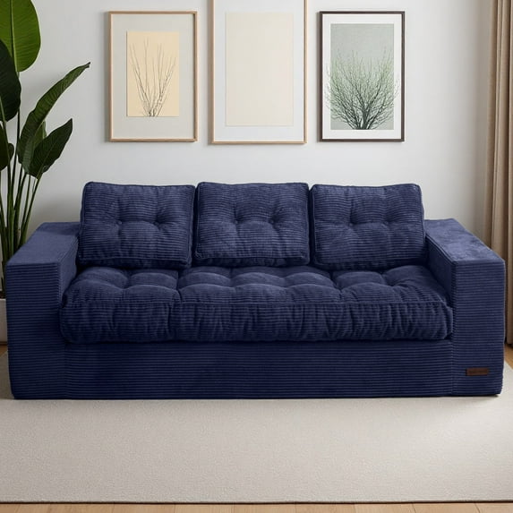 BYBYME 3 Seater Couch with Tufted Cushion & Backrest,Corduroy Floor Sofa with Armrests for Living Room Bedroom Office,Sofa in A Box,No Assembly Required,Navy