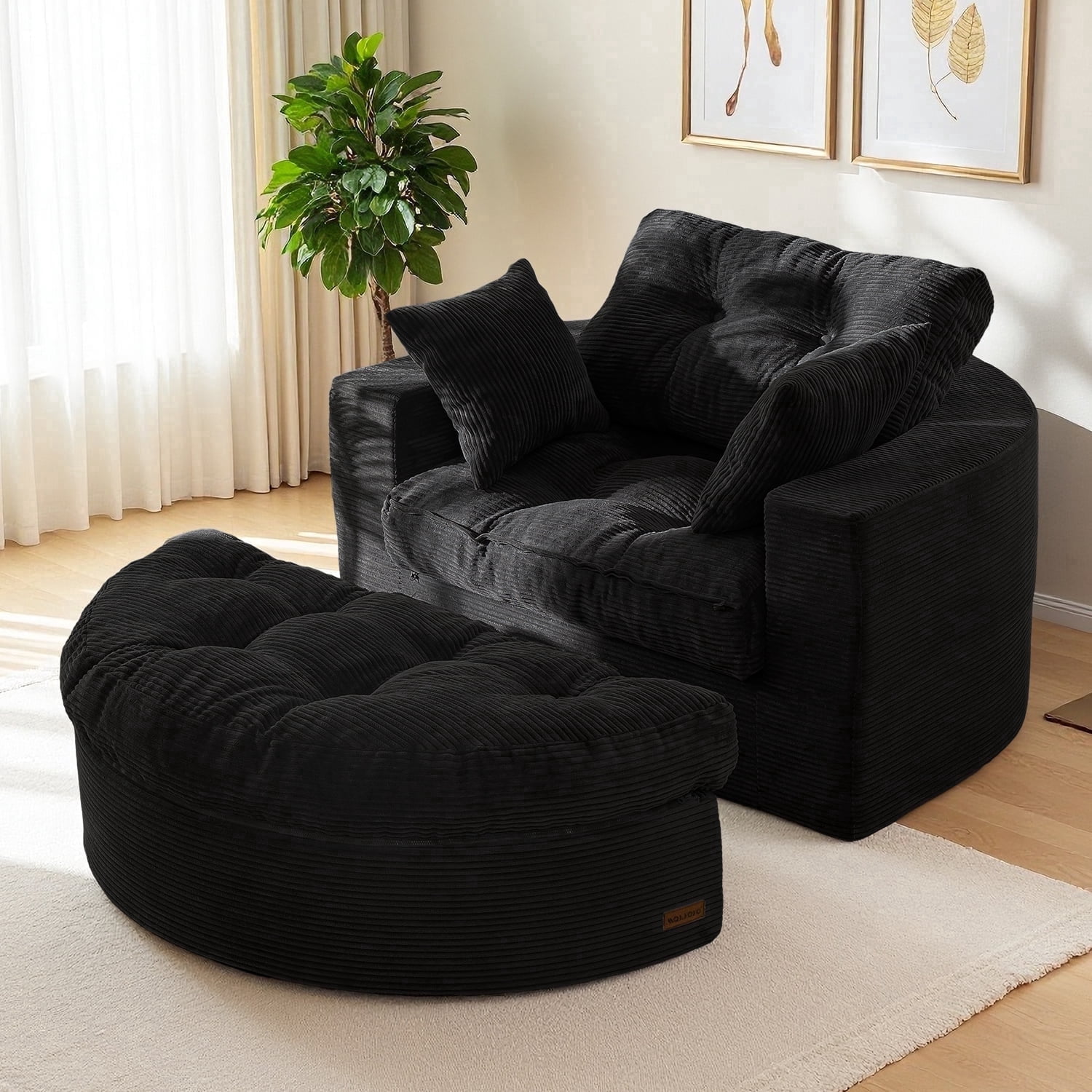 BYBYME 49''Round Chaise Lounge Chair,Corduroy Sofa Bed With Deep Seat,Upholstered Boneless Chaise Indoor,Cozy Sleeper Couch for Living Room with Ottoman,Black