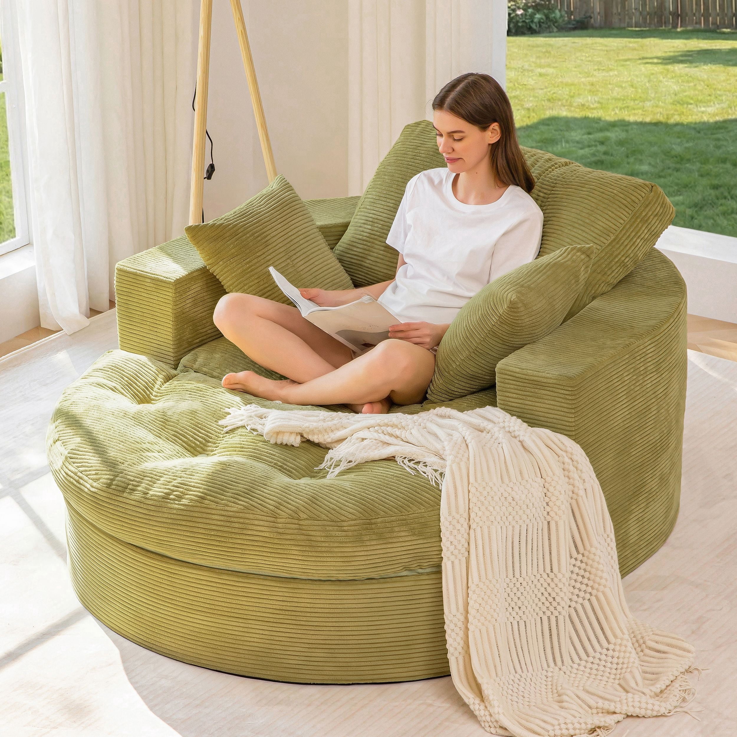 BYBYME 49''Round Chaise Lounge Chair,Corduroy Sofa Bed With Deep Seat,Upholstered Boneless Chaise Indoor,Cozy Sleeper Couch for Living Room with Ottoman,Green