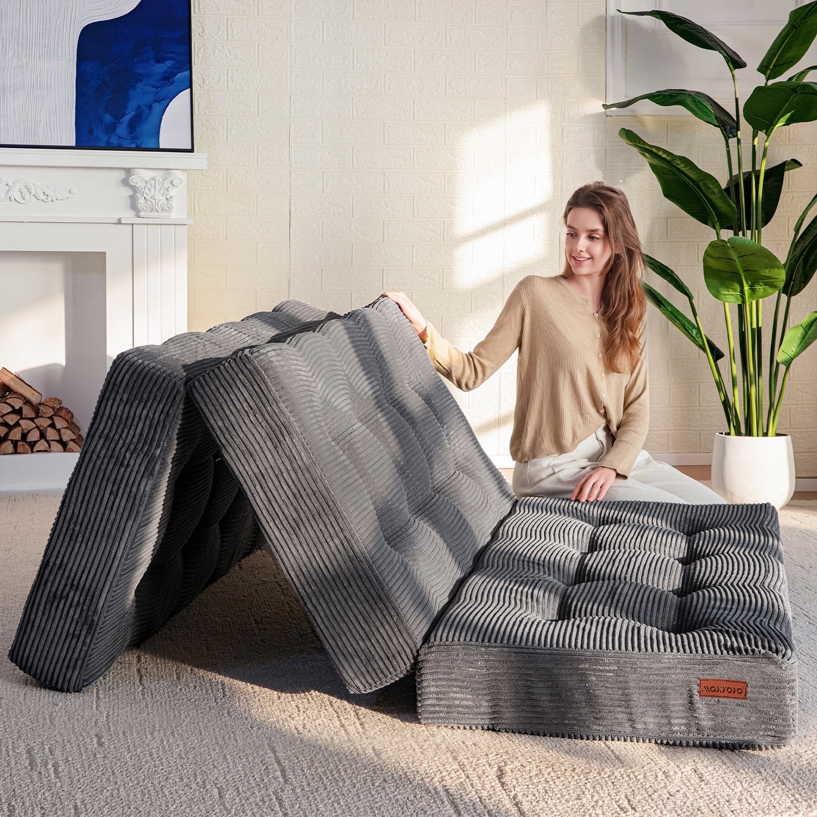 BYBYME 6 Inch Tri-Fold Mattress,Corduroy Folding Mattress,Filled with Whole Foam,Memory Foam Mattress Topper,Suitable for Sleeping,Camping,Full,Dark Gray